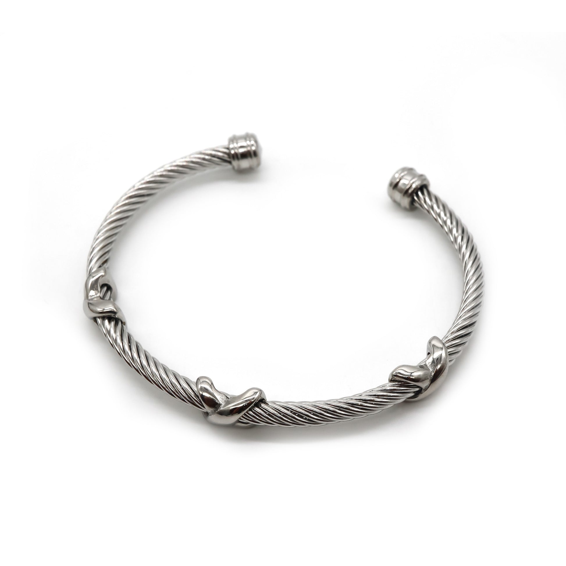 ROMALI Stainless Steel Twisted Cable Cuff Bracelets with Knot Accents - Available in Silver and Two-Tone Gold