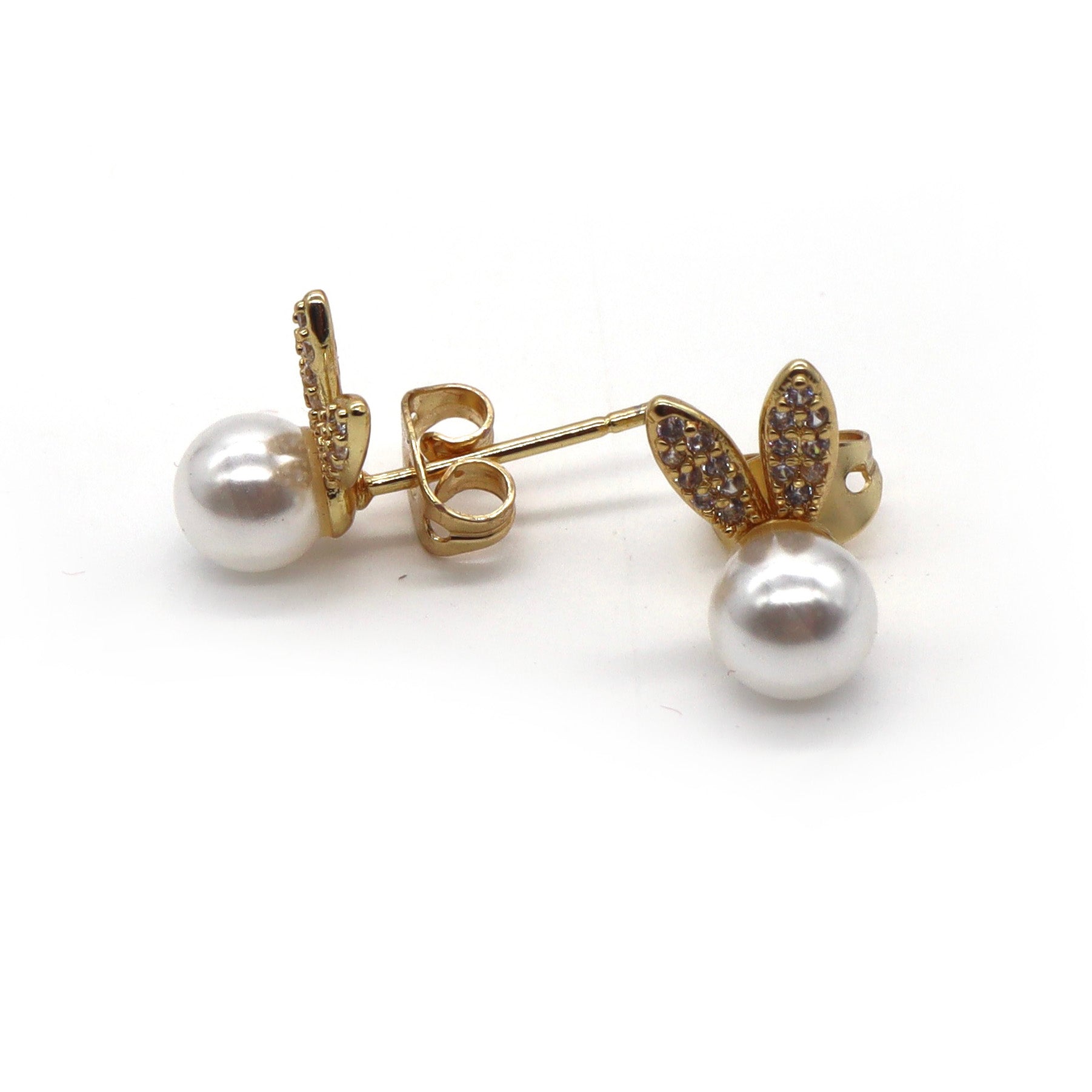 ROMALI 18k Gold-Plated Bunny Pearl Stud Earrings with Crystal Accents