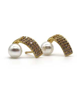 ROMALI 18k Gold-Plated Pearl Earrings with Pave Crystal Arch - ROMALI