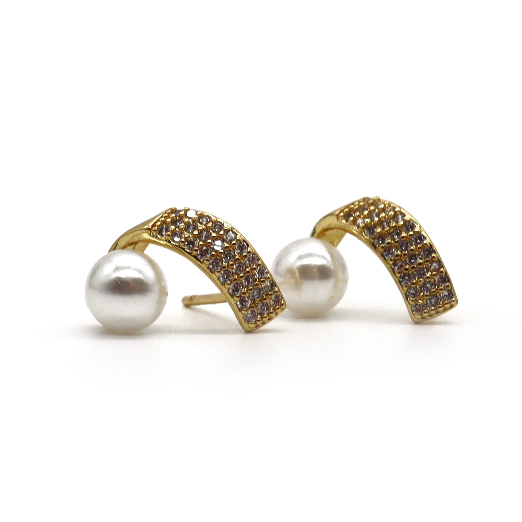 ROMALI 18k Gold-Plated Pearl Earrings with Pave Crystal Arch - ROMALI