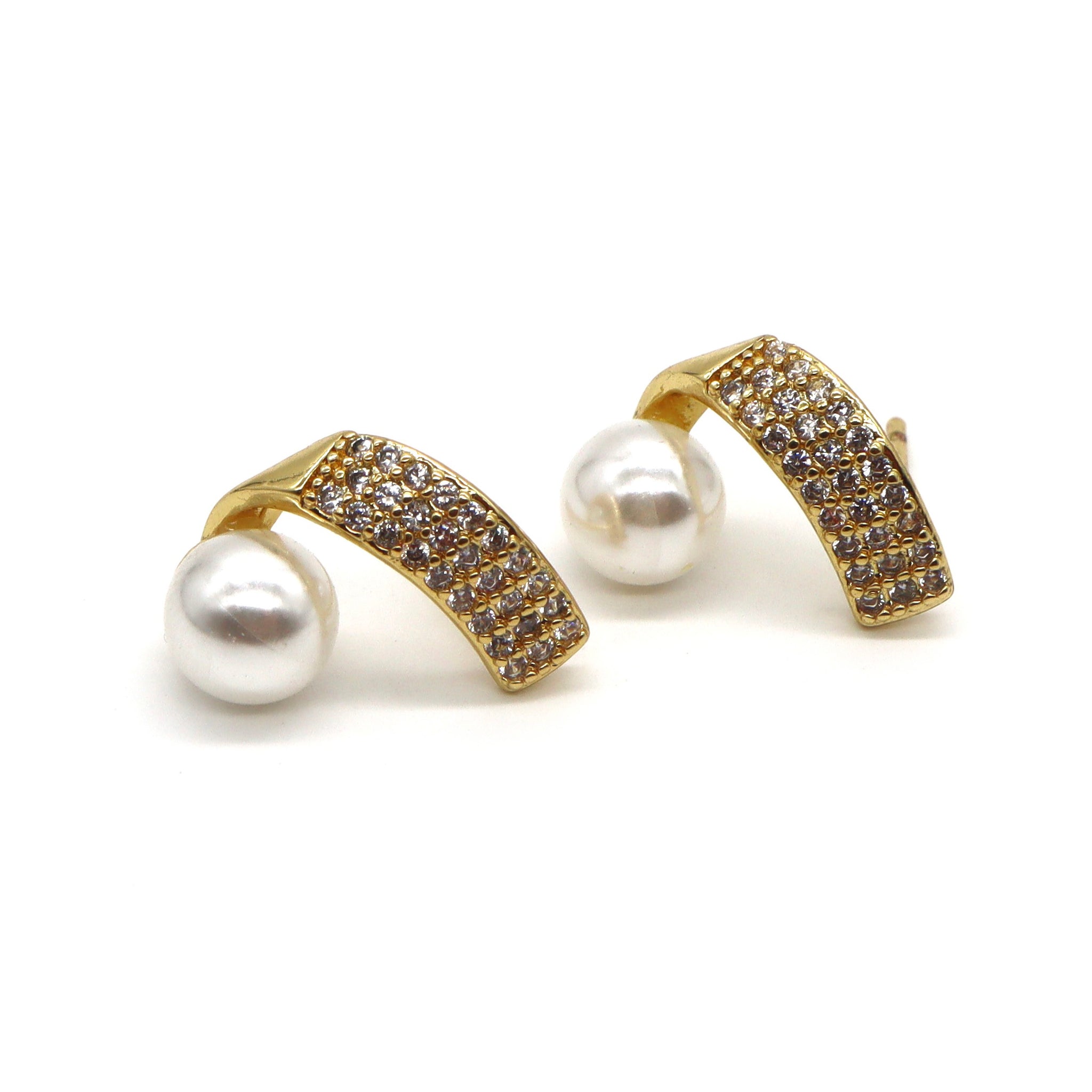 ROMALI 18k Gold-Plated Pearl Earrings with Pave Crystal Arch