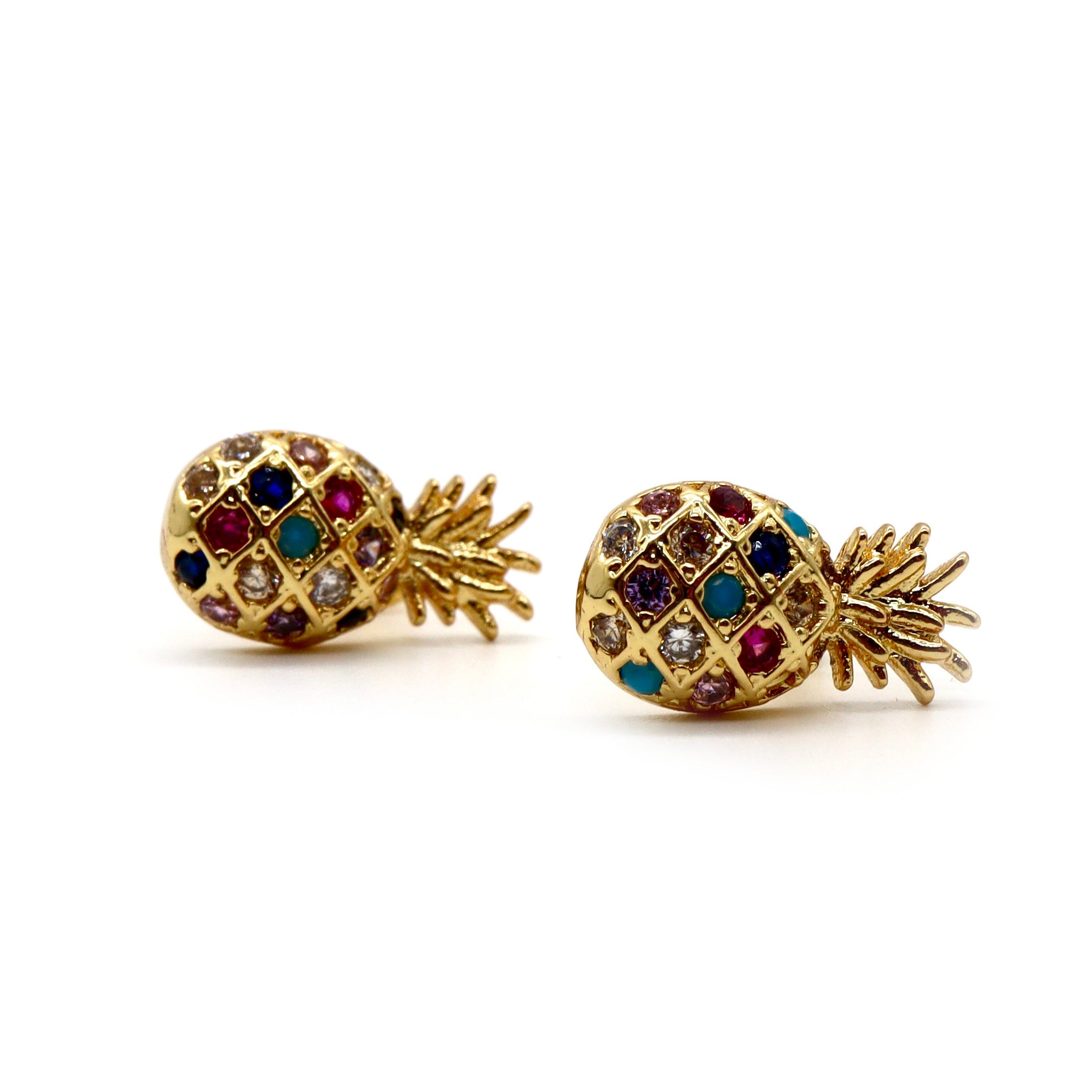 ROMALI 18K Gold-Plated Pineapple Stud Earrings with Multi-Color Crystals