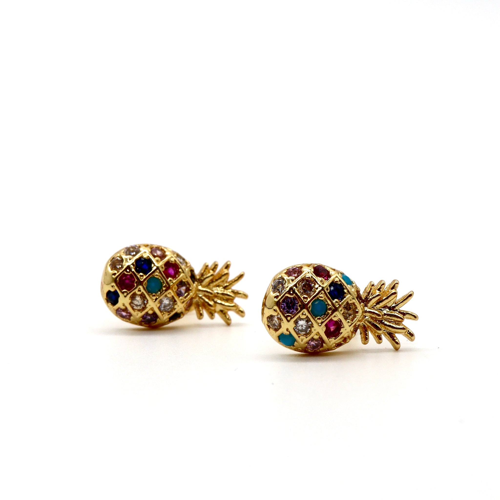 ROMALI 18K Gold-Plated Pineapple Stud Earrings with Multi-Color Crystals