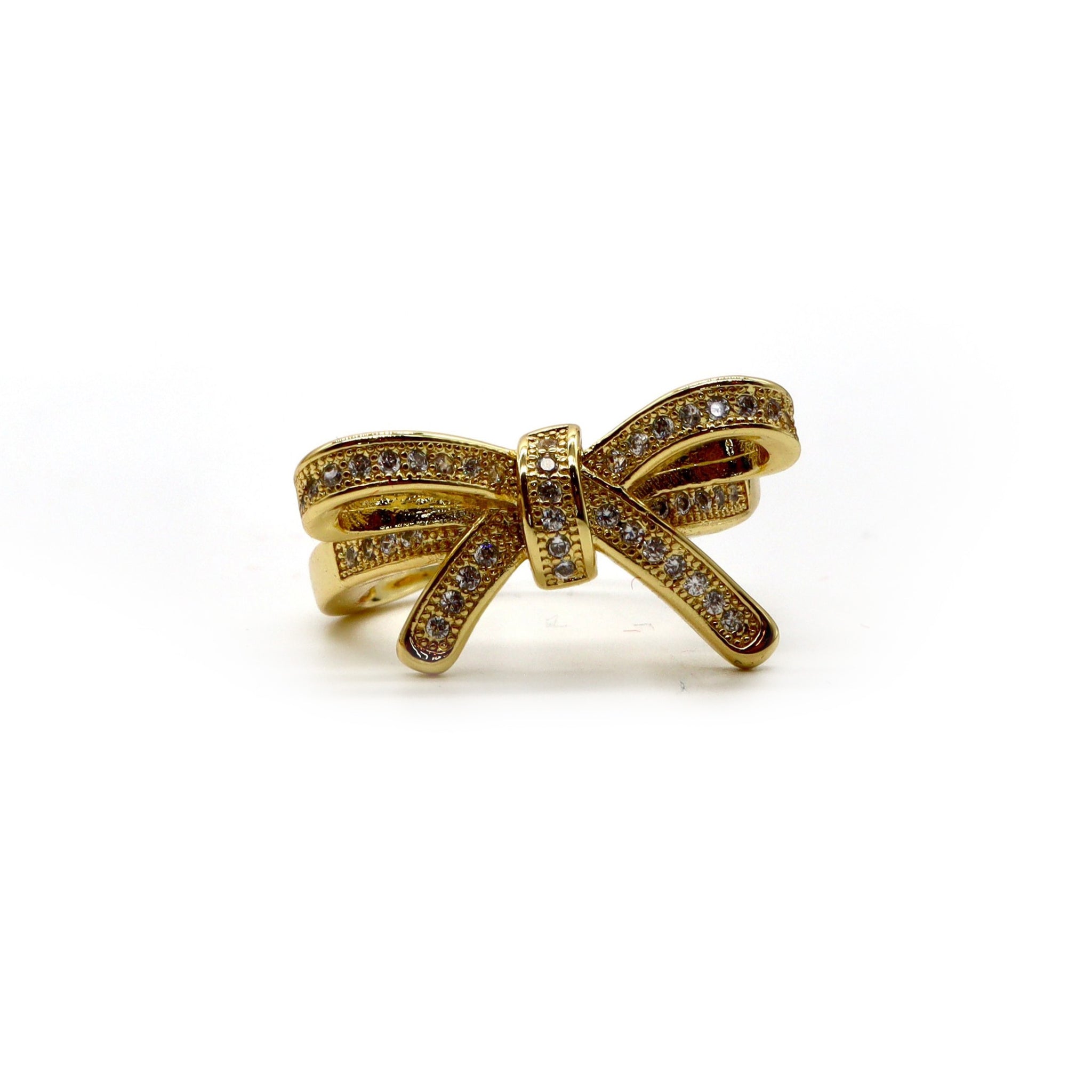 18K Gold-Plated Bow Ring with Sparkling Stones – Adjustable Size