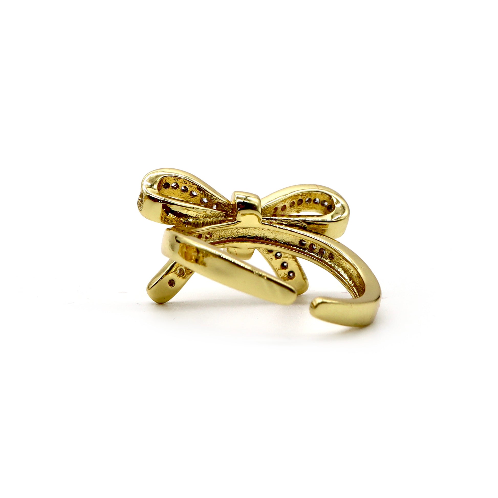 18K Gold-Plated Bow Ring with Sparkling Stones – Adjustable Size