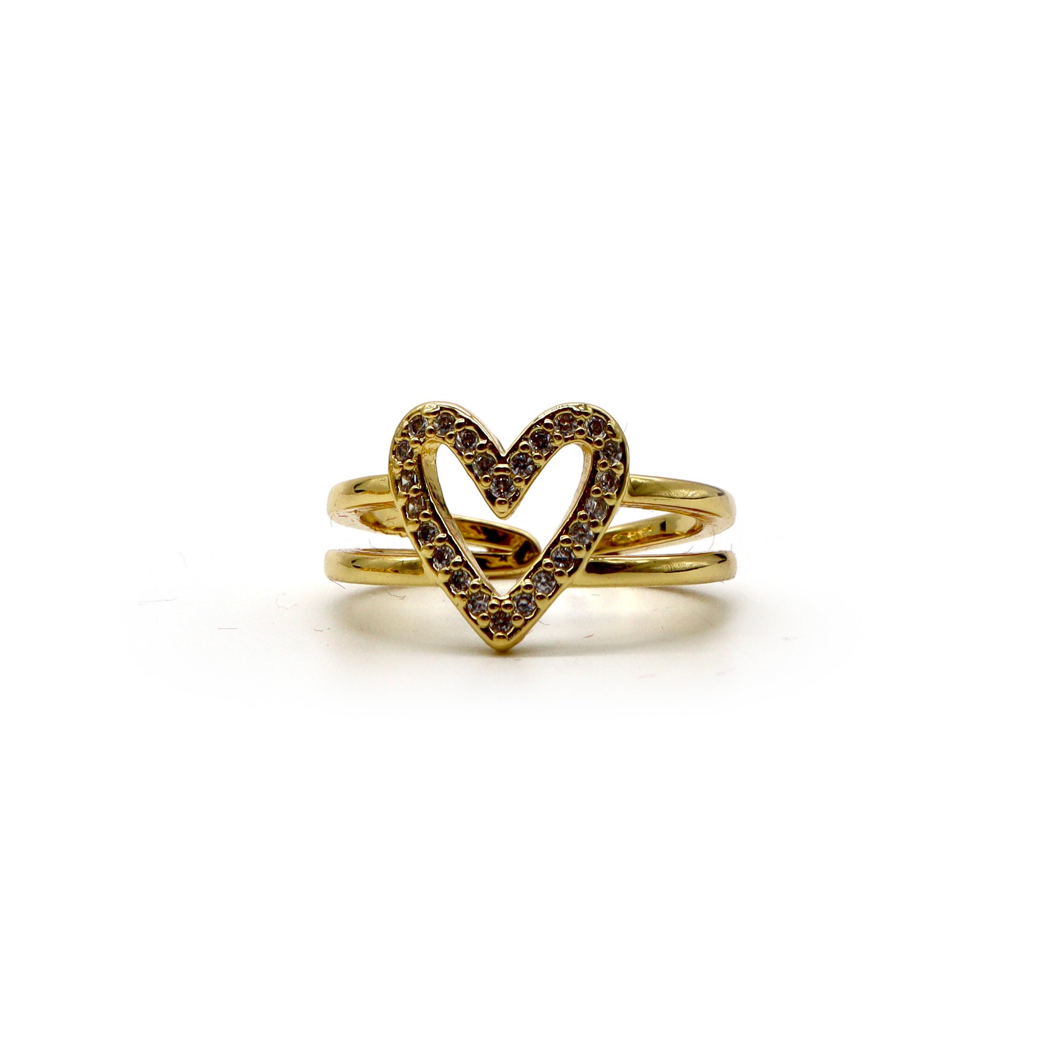 18K Gold-Plated Open Heart Ring with Cubic Zirconia – Adjustable