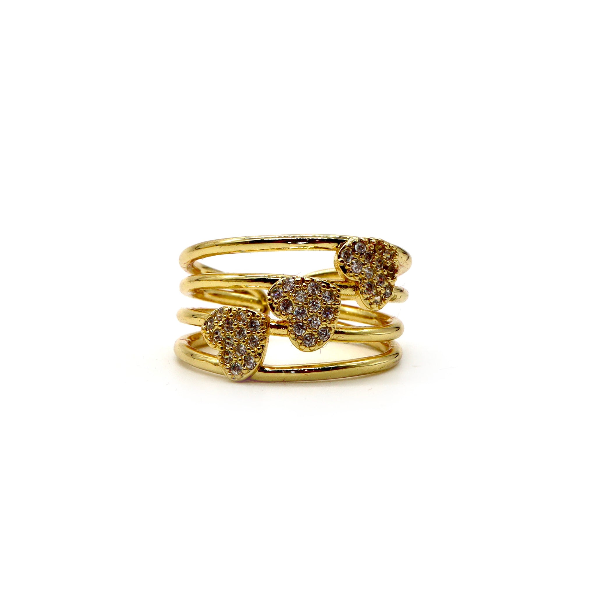 18K Gold-Plated Triple Heart Pavé Ring – Adjustable