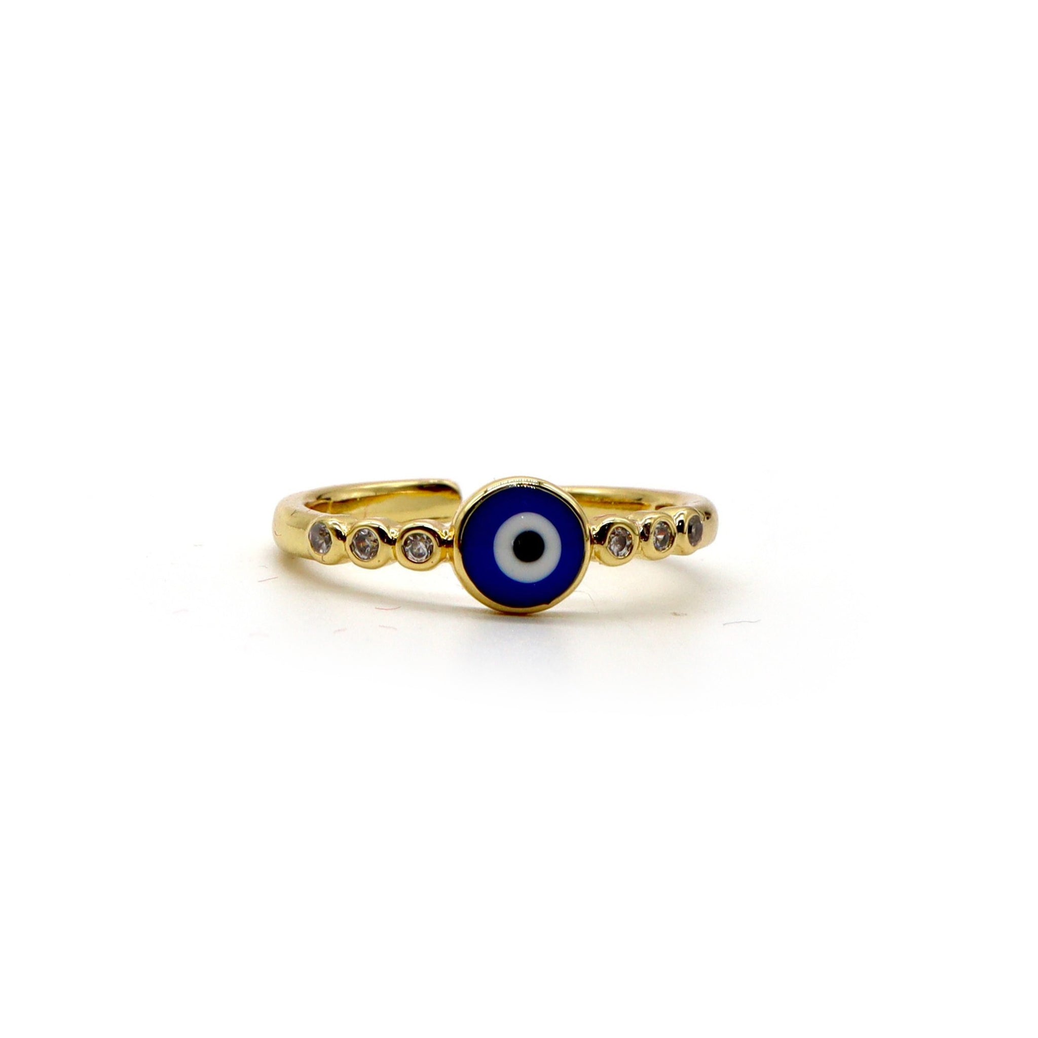 18K Gold-Plated Evil Eye Ring with Pavé Stones – Adjustable