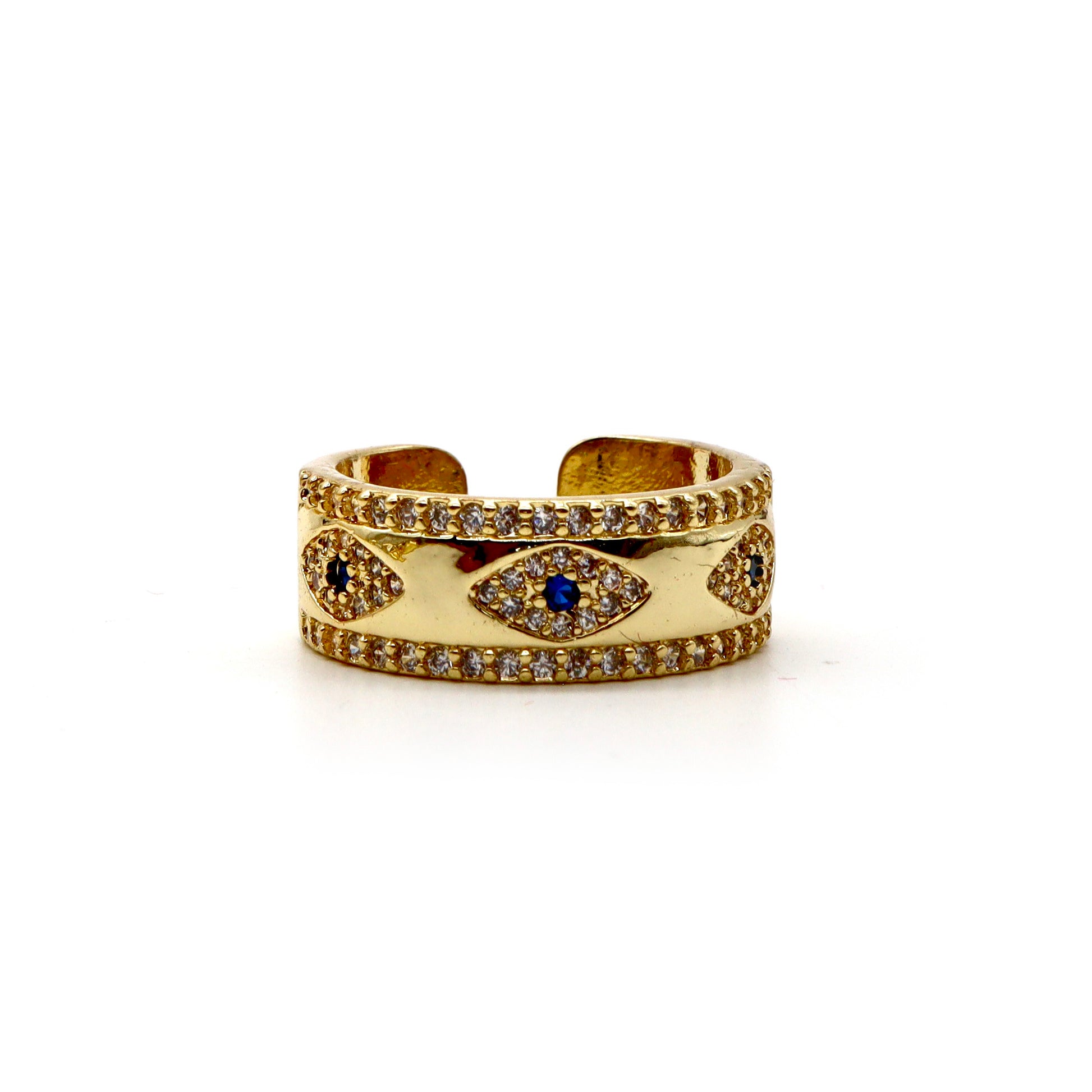 18K Gold-Plated Evil Eye Pavé Band Ring – Adjustable