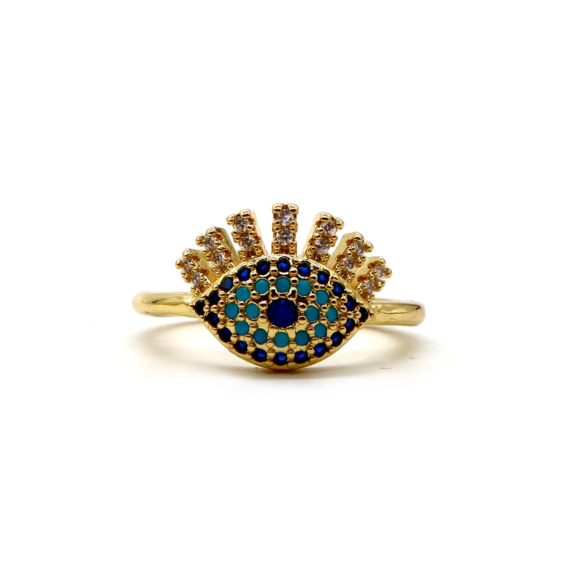 18K Gold-Plated Radiant Evil Eye Ring – Adjustable Pavé Design