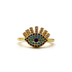 18K Gold-Plated Radiant Evil Eye Ring – Adjustable Pavé Design