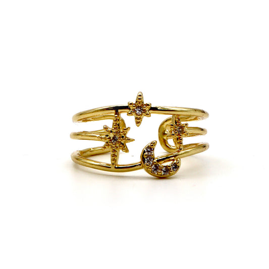 18K Gold-Plated Celestial Moon & Star Ring – Adjustable Pavé Design