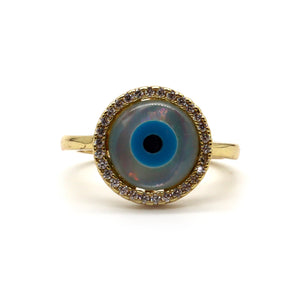 18K Gold-Plated Round Evil Eye Pavé Ring – Adjustable Protective Design