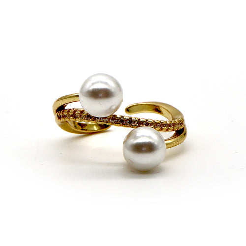 18K Gold-Plated Dual Pearl Pavé Ring – Adjustable Elegance