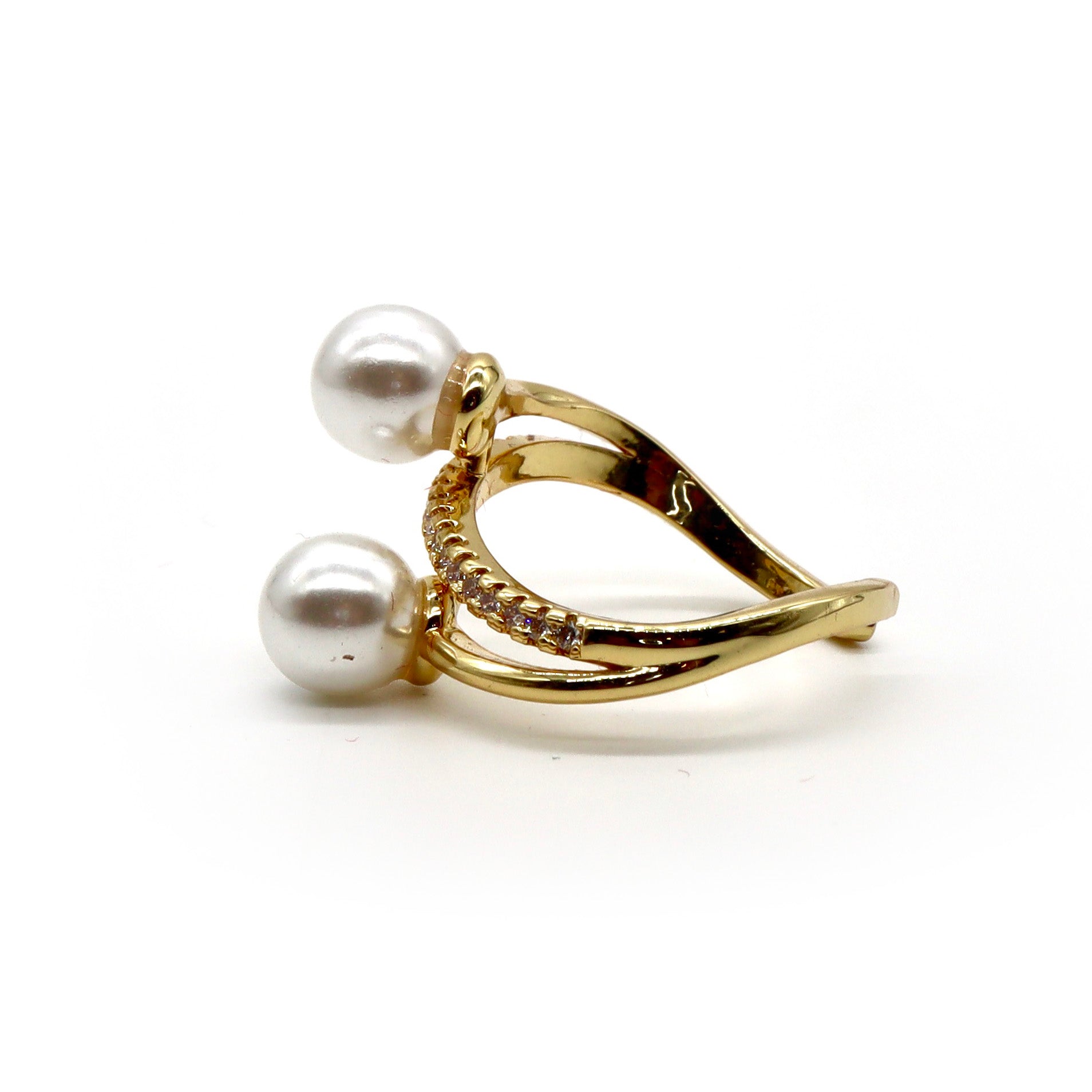 18K Gold-Plated Dual Pearl Pavé Ring – Adjustable Elegance