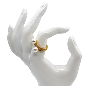 18K Gold-Plated Dual Pearl Pavé Ring – Adjustable Elegance - ROMALI