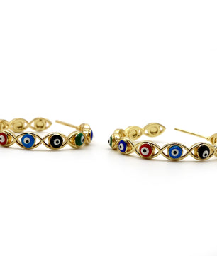 ROMALI 18k Gold-Plated Multi-Colored Evil Eye Hoop Earrings - ROMALI
