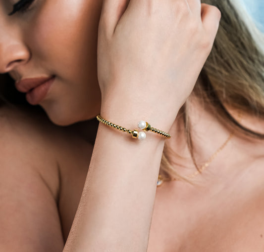 ROMALI 18K Gold-Plated Beaded Cuff Bracelet with Pearl Accents - ROMALI