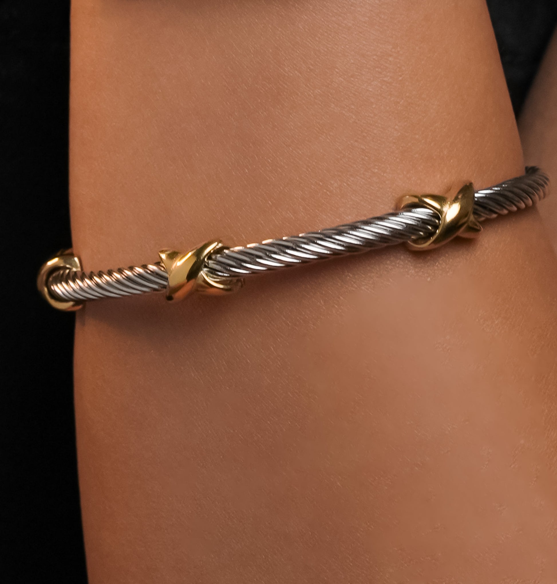 ROMALI Stainless Steel Twisted Cable Cuff Bracelets with Knot Accents - Available in Silver and Two-Tone Gold