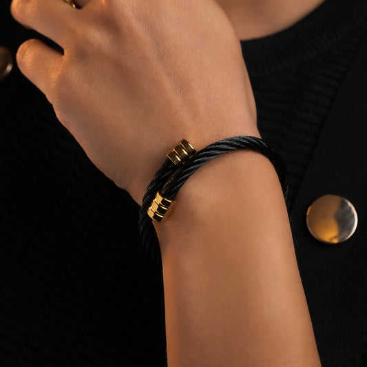 ROMALI Black Twisted Cable Bracelet with 18K Gold-Plated Accents