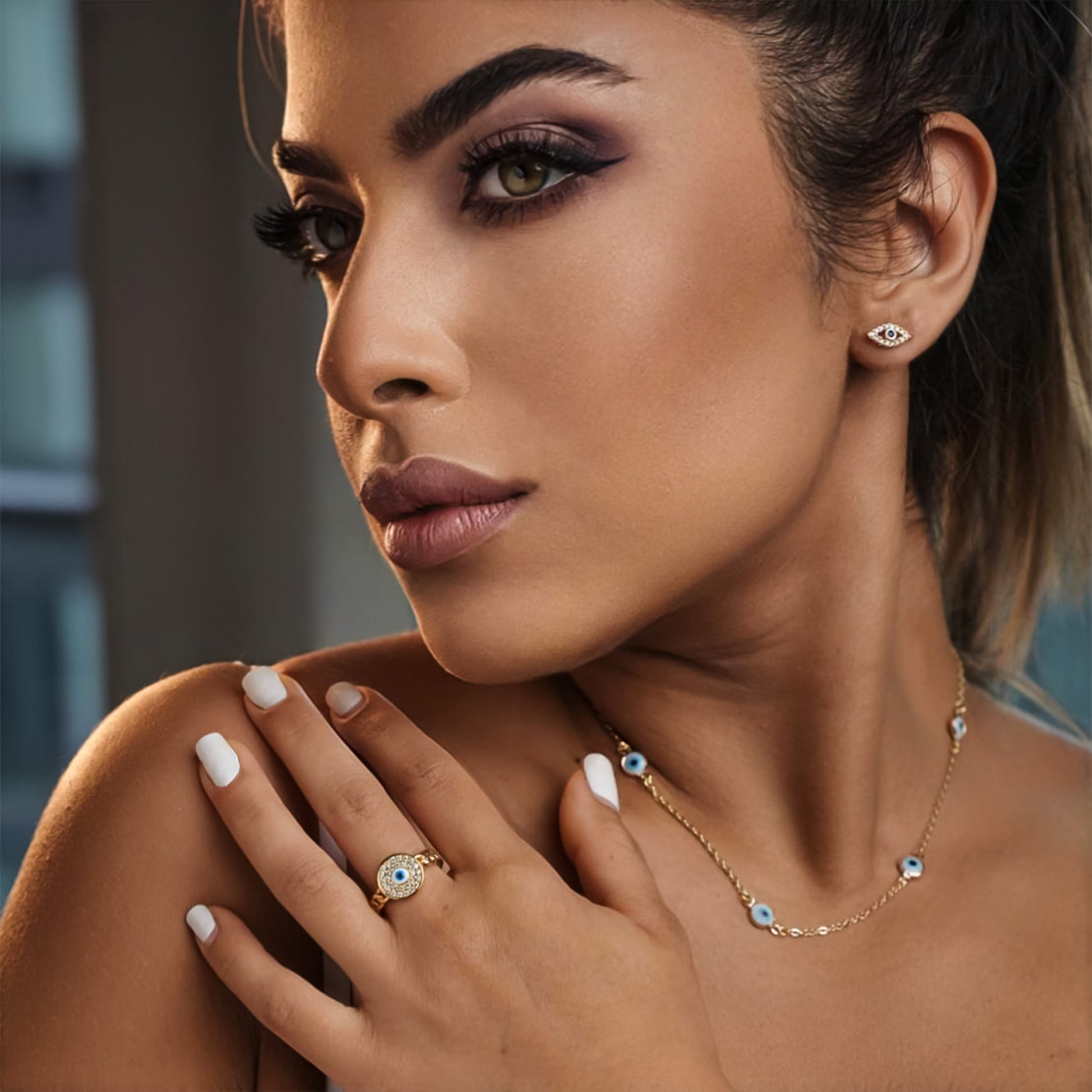 ROMALI 18k Gold-Plated Evil Eye Stud Earrings with Blue Center - ROMALI