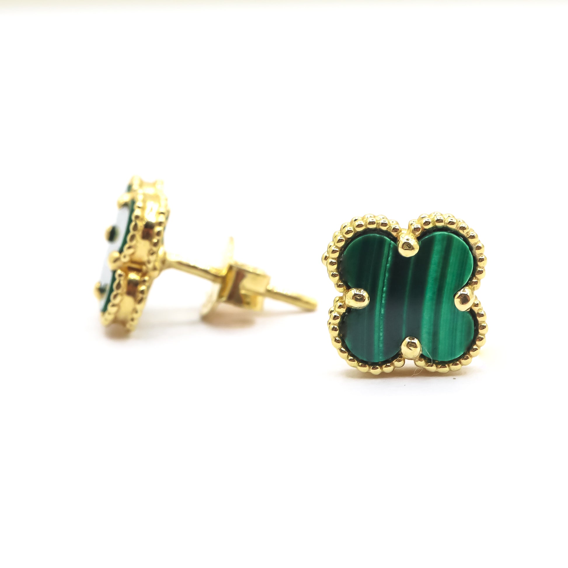 ROMALI 18K Solid Gold Mini Green Malachite Clover Studs