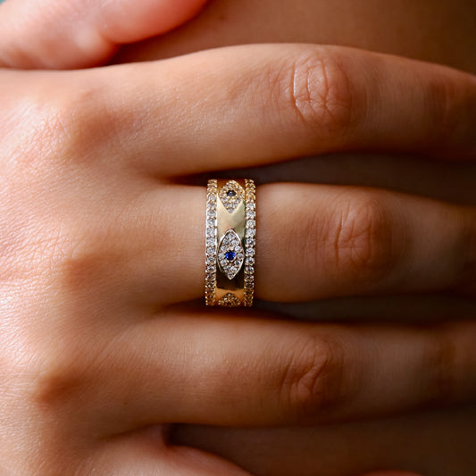 18K Gold-Plated Evil Eye Pavé Band Ring – Adjustable - ROMALI