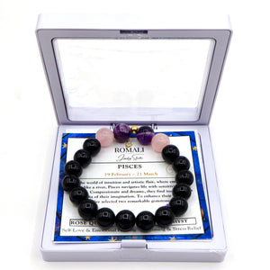 ROMALI Pisces Zodiac Beaded Bracelet - Amethyst & Rose Quartz - ROMALI