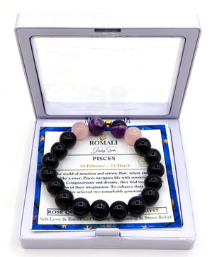 ROMALI Pisces Zodiac Beaded Bracelet - Amethyst & Rose Quartz - ROMALI