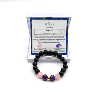 ROMALI Pisces Zodiac Beaded Bracelet - Amethyst & Rose Quartz - ROMALI