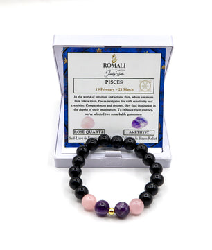 ROMALI Pisces Zodiac Beaded Bracelet - Amethyst & Rose Quartz - ROMALI