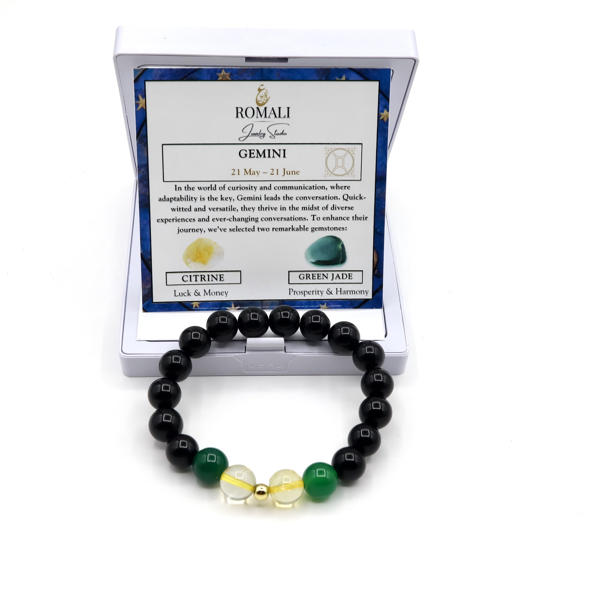 Gemini Zodiac Bracelet - Green Jade & Citrine