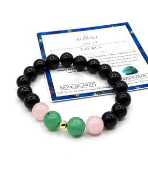 ROMALI Taurus Zodiac Beaded Bracelet - Green Jade & Rose Quartz - ROMALI