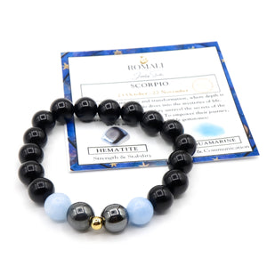 ROMALI Scorpio Zodiac Beaded Bracelet - Aquamarine & Hematite - ROMALI