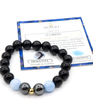 ROMALI Scorpio Zodiac Beaded Bracelet - Aquamarine & Hematite - ROMALI