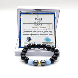 ROMALI Scorpio Zodiac Beaded Bracelet - Aquamarine & Hematite - ROMALI