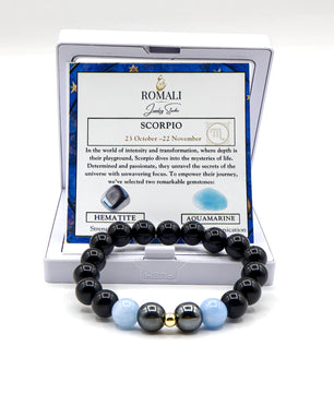 ROMALI Scorpio Zodiac Beaded Bracelet - Aquamarine & Hematite - ROMALI