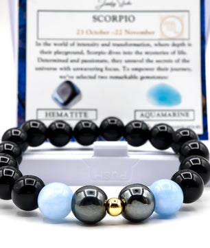 ROMALI Scorpio Zodiac Beaded Bracelet - Aquamarine & Hematite - ROMALI