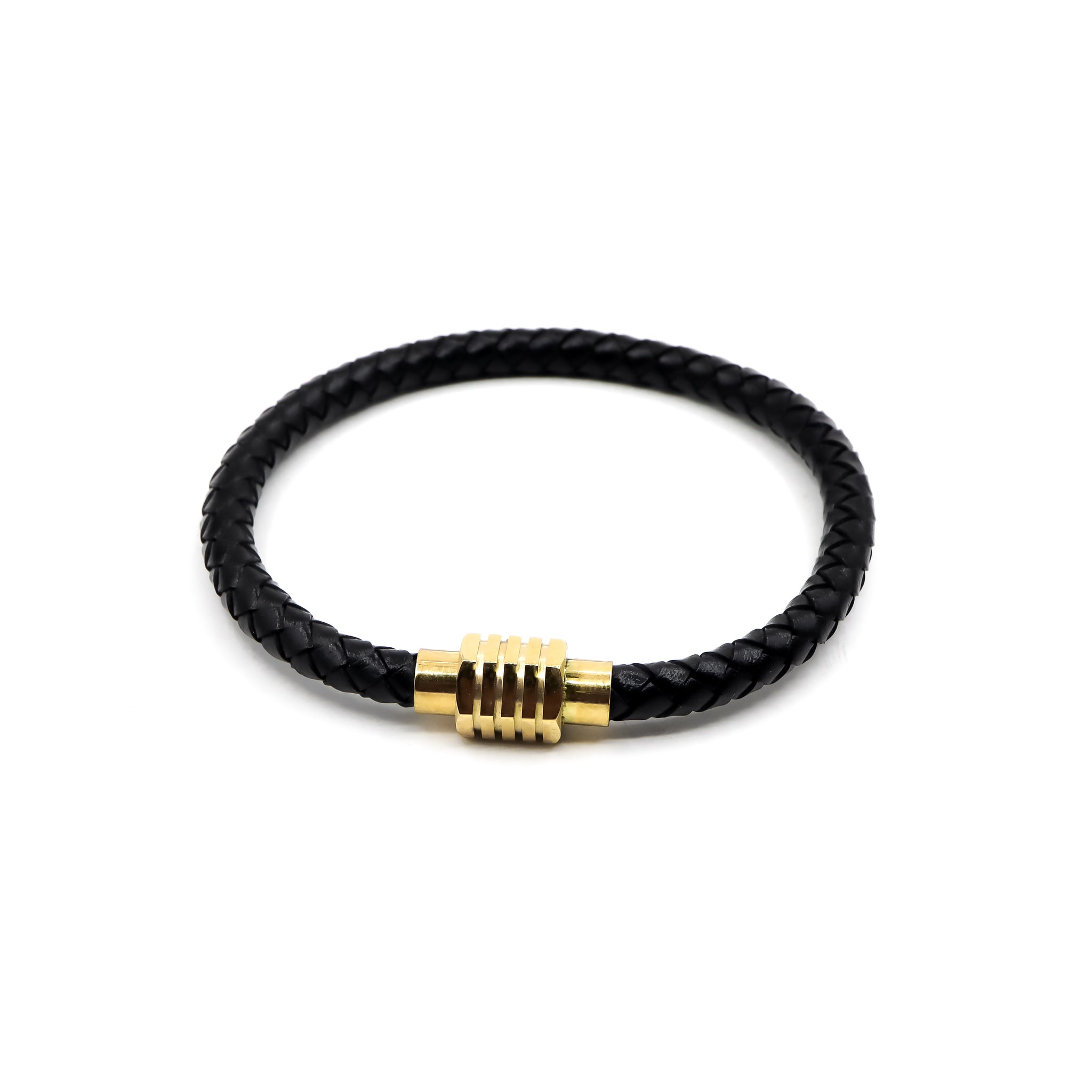 Black Leather and Gold Stainless Steel Men's Bracelet