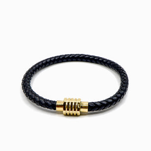 ROMALI Black Leather and Gold Stainless Steel Men's Bracelet