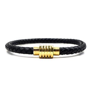 Black Leather and Gold Stainless Steel Men's Bracelet