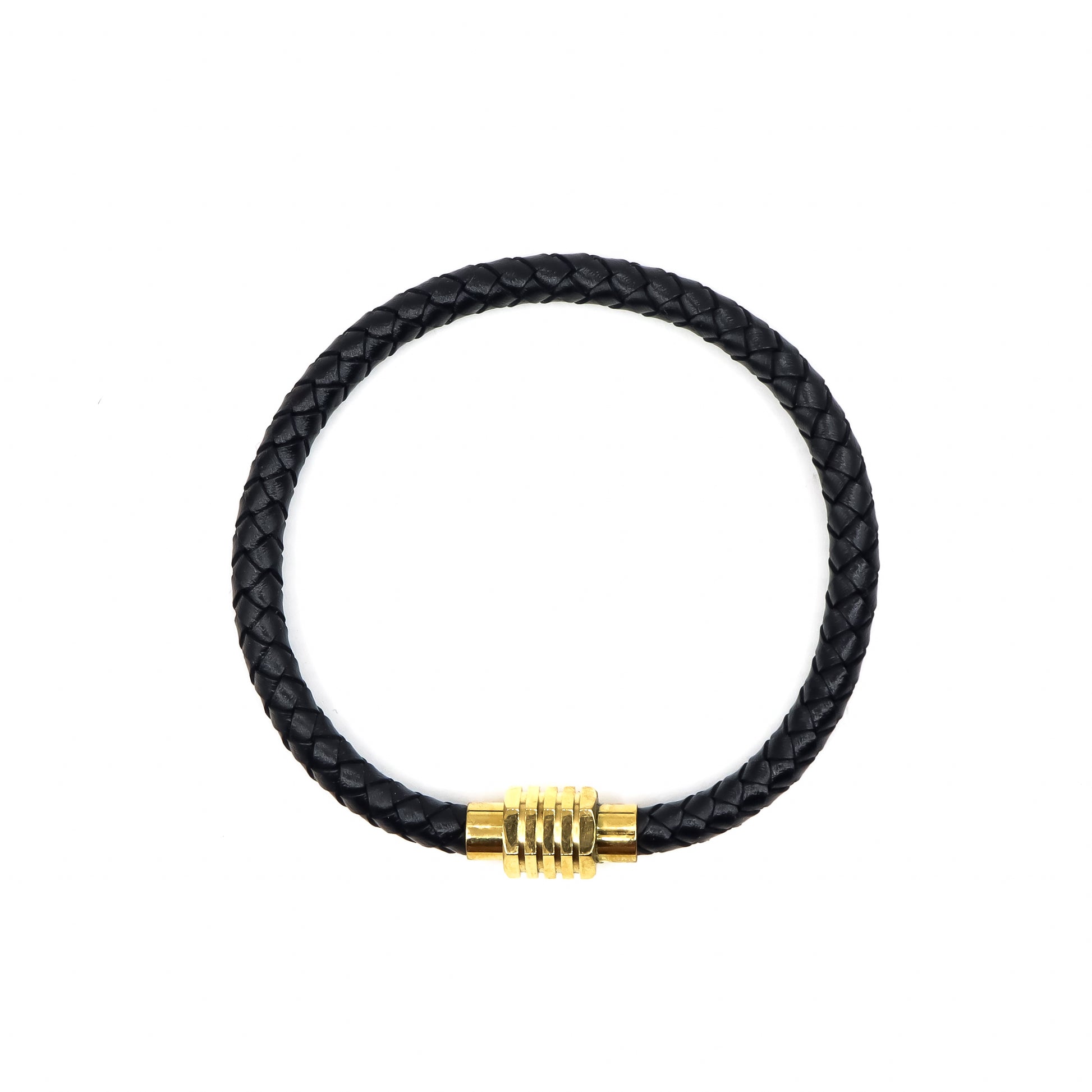 ROMALI Black Leather and Gold Stainless Steel Men's Bracelet