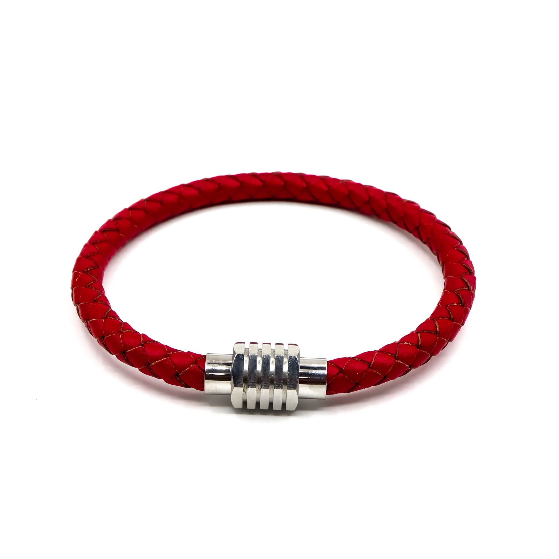 ROMALI Red Leather and Silver Stainless Steel Men's Bracelet