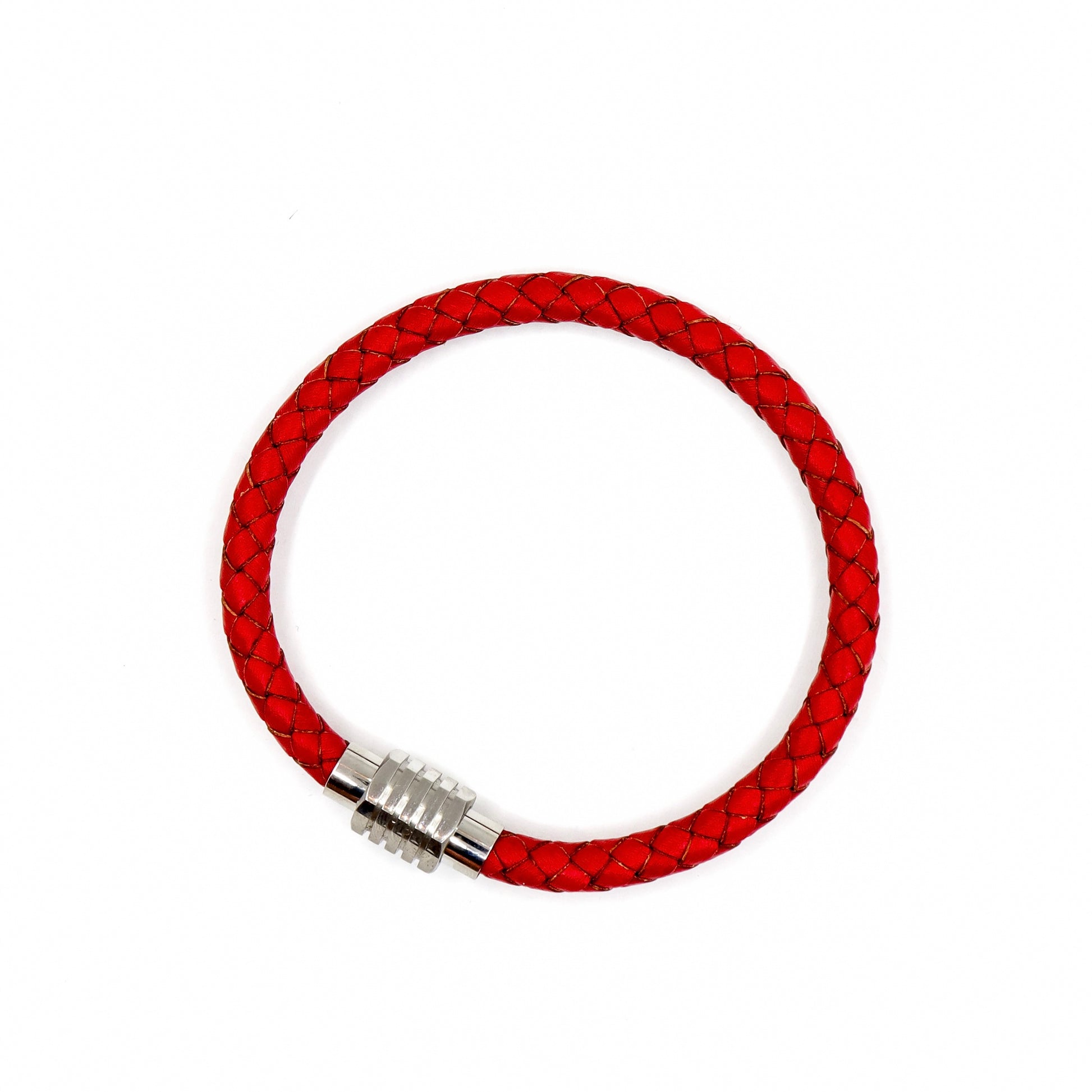 ROMALI Red Leather and Silver Stainless Steel Men's Bracelet