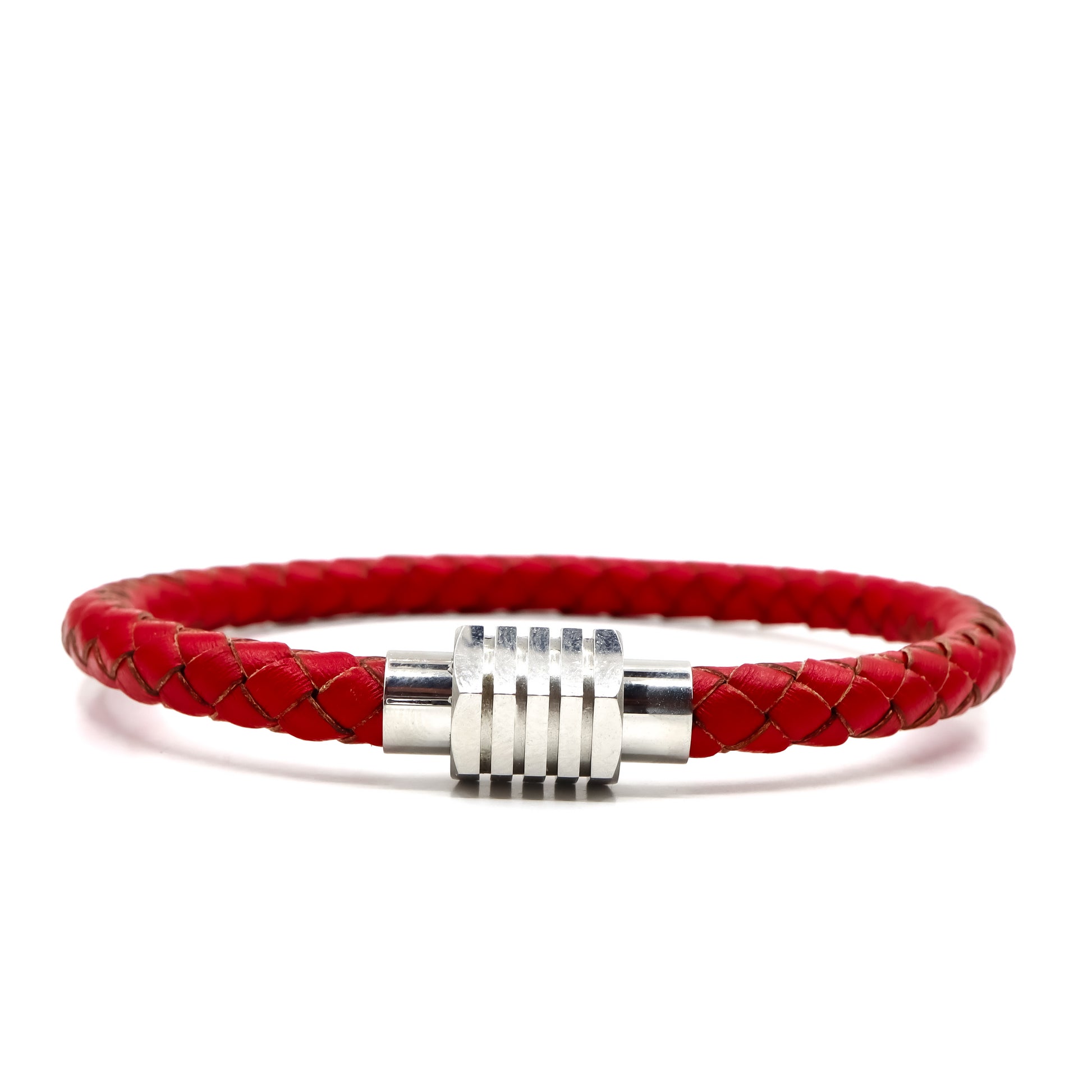 ROMALI Red Leather and Silver Stainless Steel Men's Bracelet