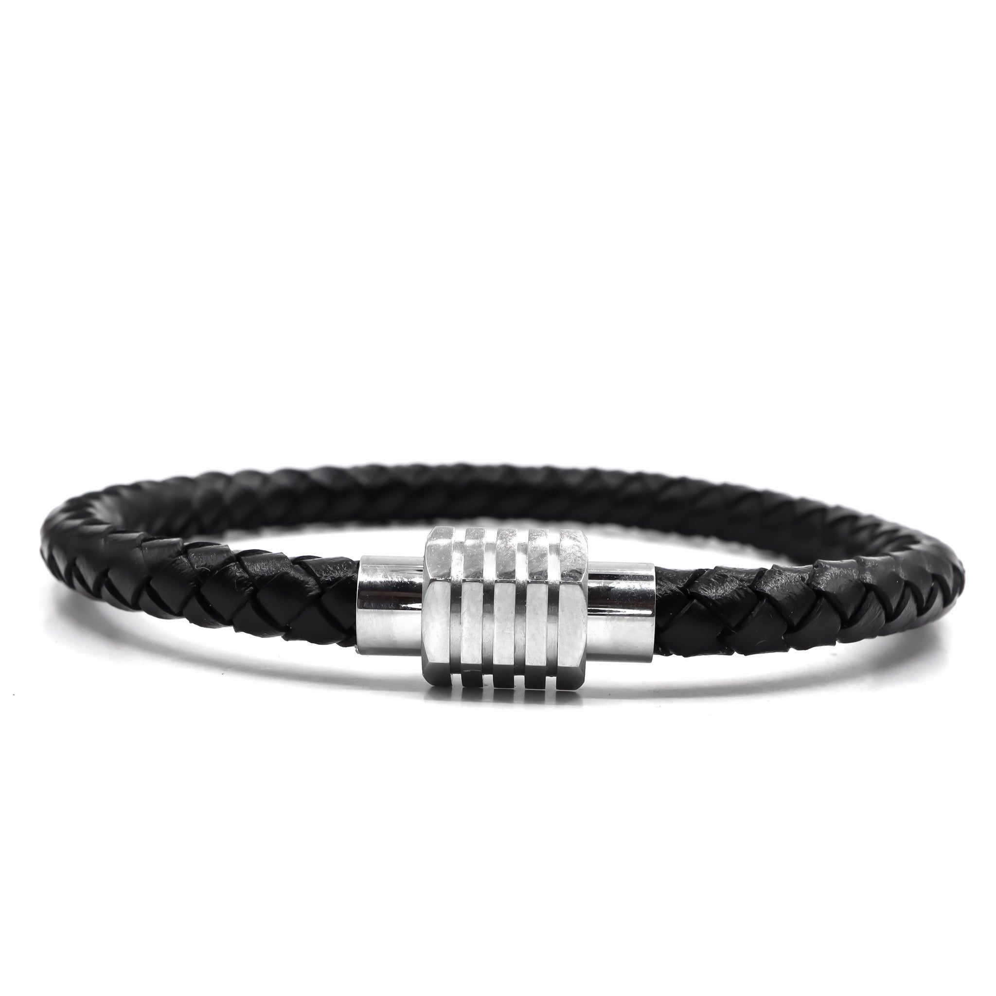 Black Leather and Silver Stainless Steel Men's Bracelet