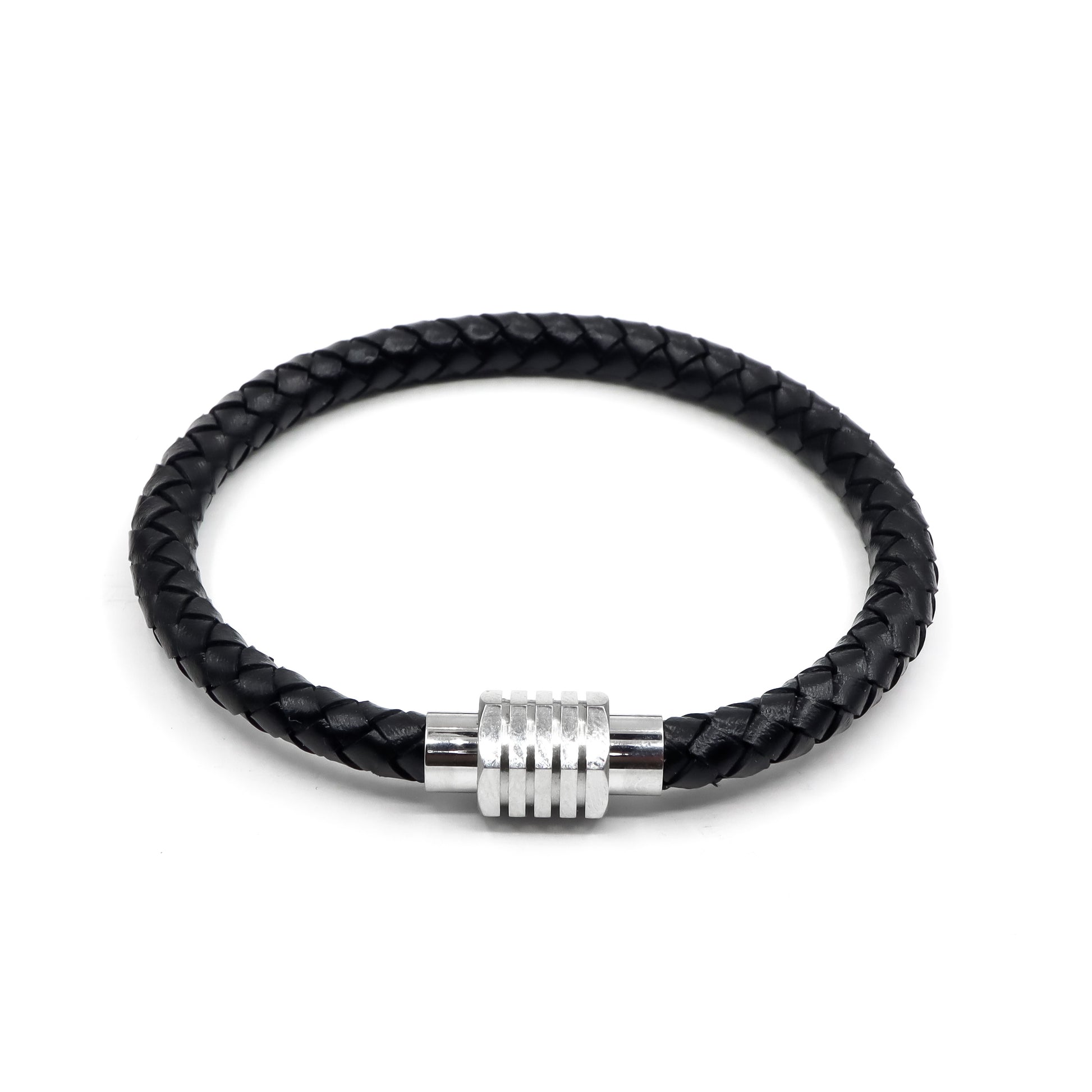 Black Leather and Silver Stainless Steel Men's Bracelet