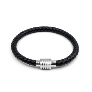 Black Leather and Silver Stainless Steel Men's Bracelet