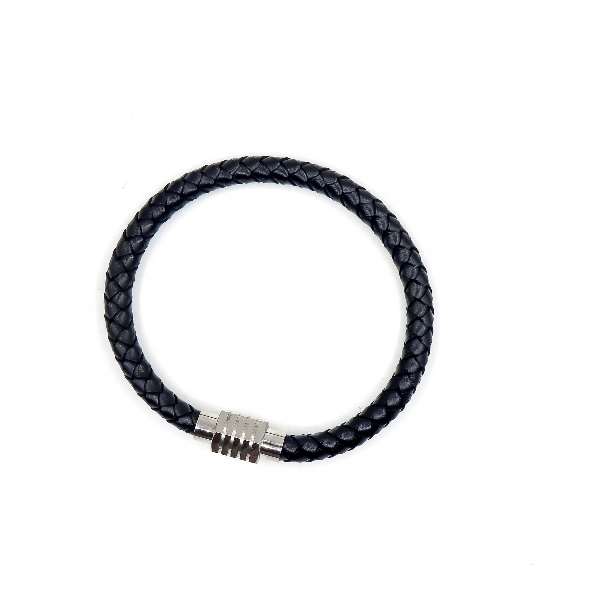 Black Leather and Silver Stainless Steel Men's Bracelet