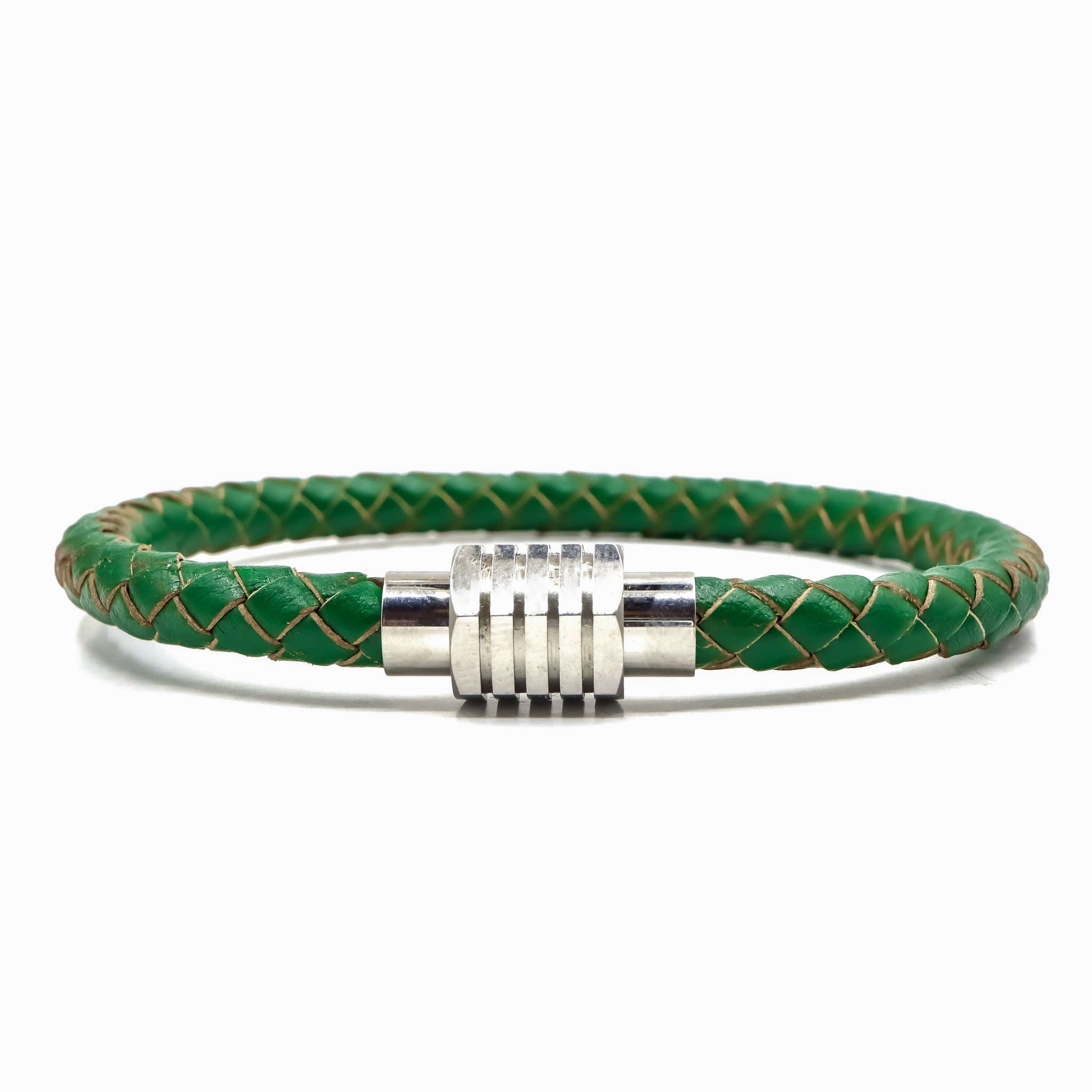 Green Leather and Silver Stainless Steel Men's Bracelet